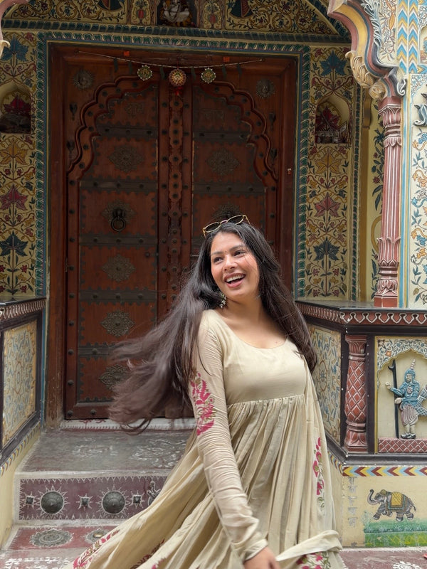 Beige Pink Handblock Anarkali