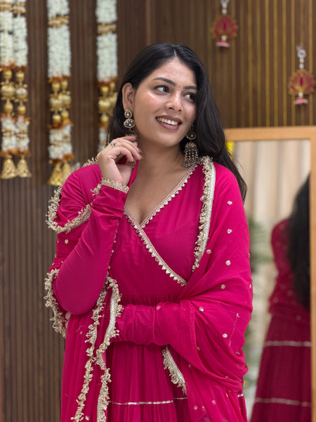 Pink Polki full tier Anarkali set