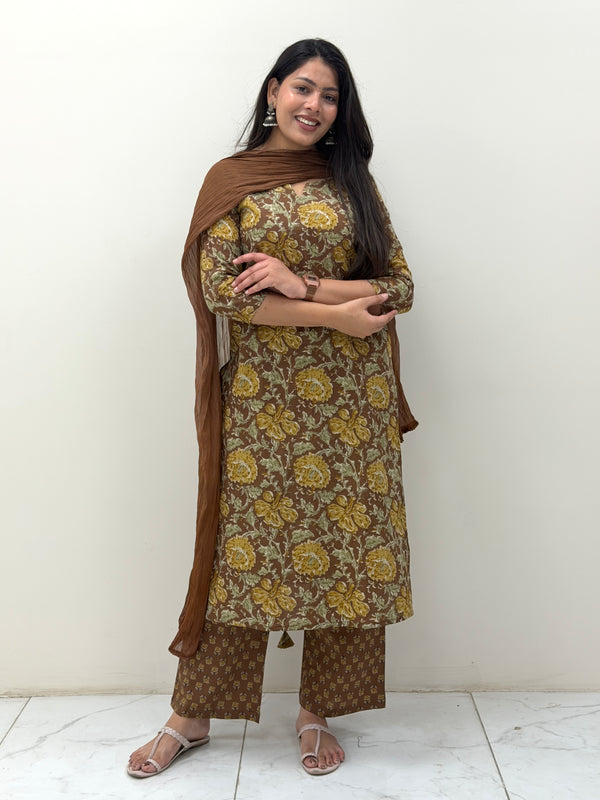 Pastel brown mustard straight suit set Jonaya