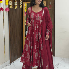 Festive Maroon green paisley Anarkali set Jonaya
