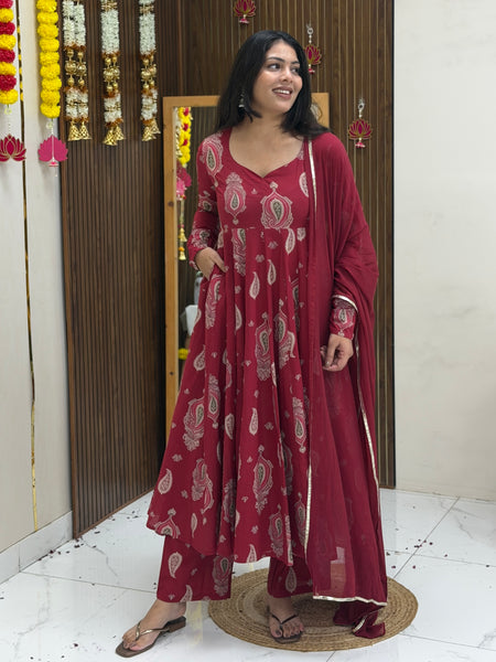 Festive Maroon green paisley Anarkali set Jonaya