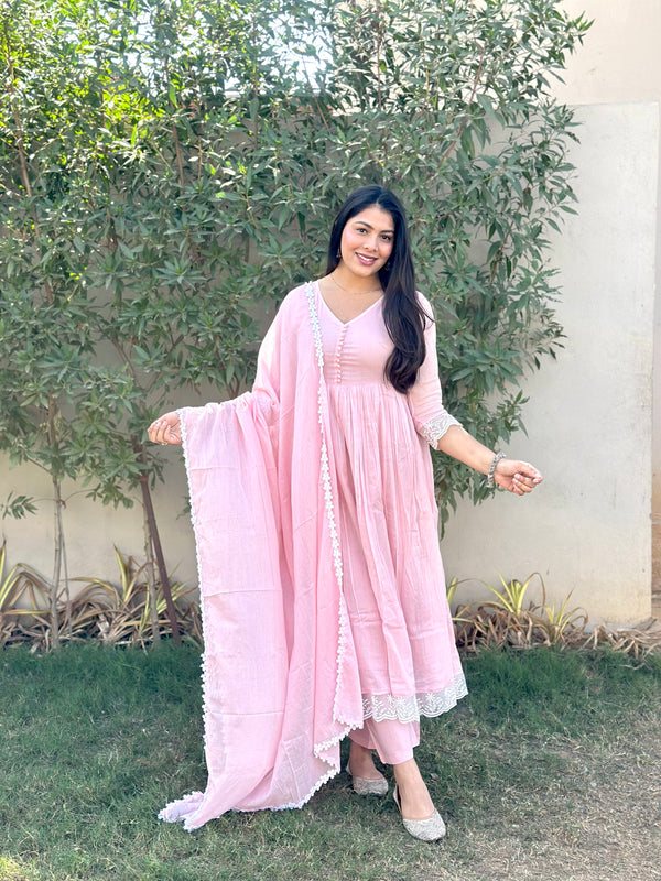 Baby Pink Mul Cotton Flare Suit Set - Jonaya