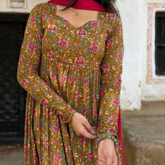 Pink mustard printed flare suit set Jonaya