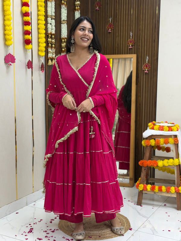 Pink Polki full tier Anarkali set