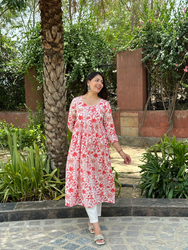 Orange Floral Printed Kameez - Jonaya