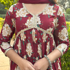 Maroon beige bliss cotton suit set - Jonaya