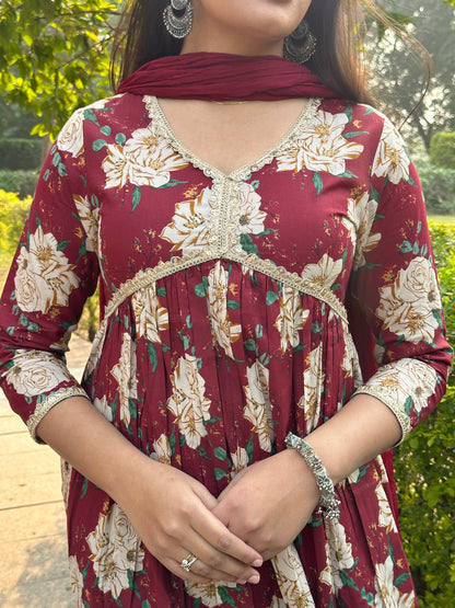 Maroon beige bliss cotton suit set