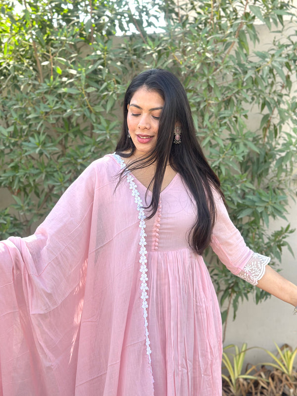 Baby Pink Mul Cotton Flare Suit Set - Jonaya