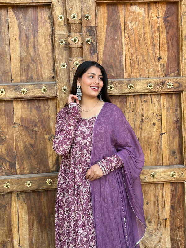 Purple Paisley Cotton Flare Suit Set - Jonaya