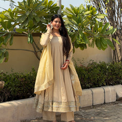 Beige heavy mirror pure organza silk Anarkali set Jonaya