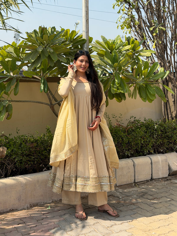 Beige heavy mirror pure organza silk Anarkali set Jonaya