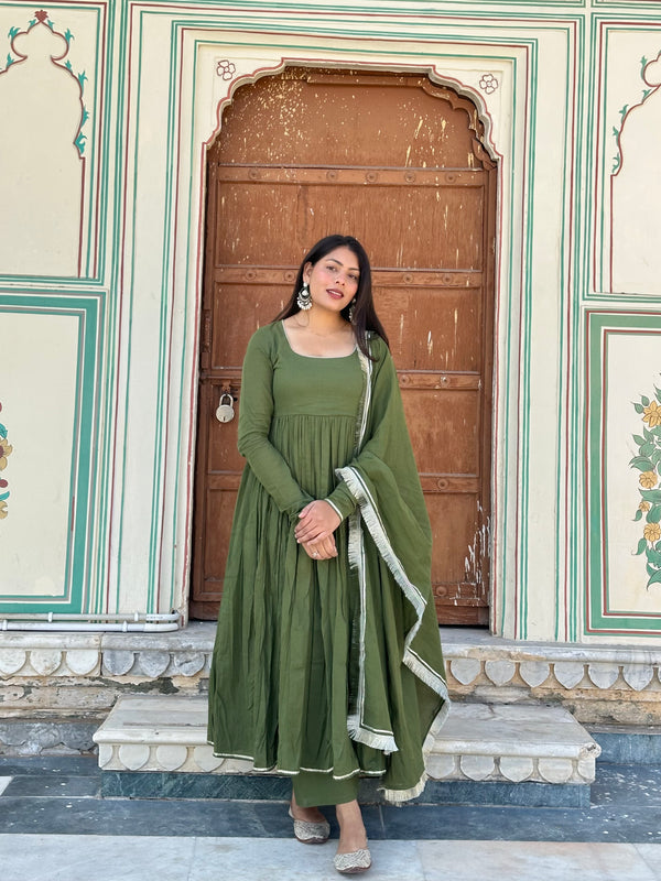 Pure Mul Cotton Mehndi Festive Flare Suit Set - Jonaya