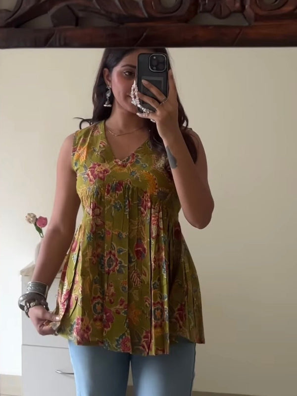 Parrot Green Cut Sleeves Peplum Top - Jonaya