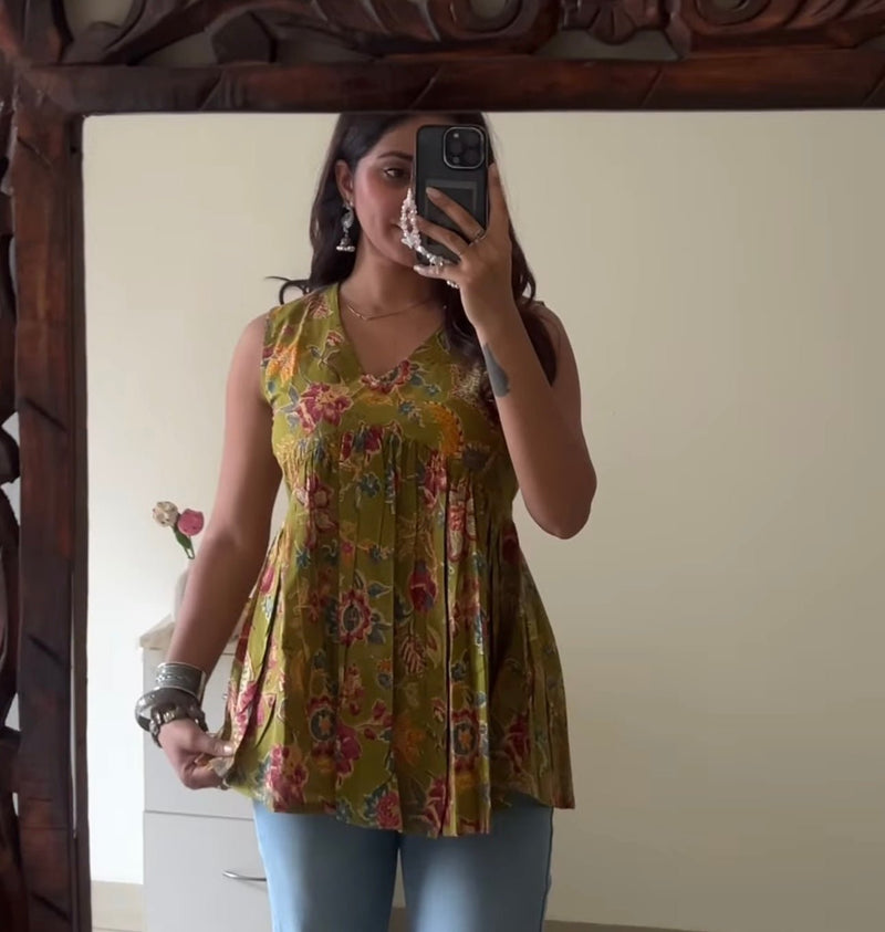 Parrot green cut sleeves Peplum top - Jonaya