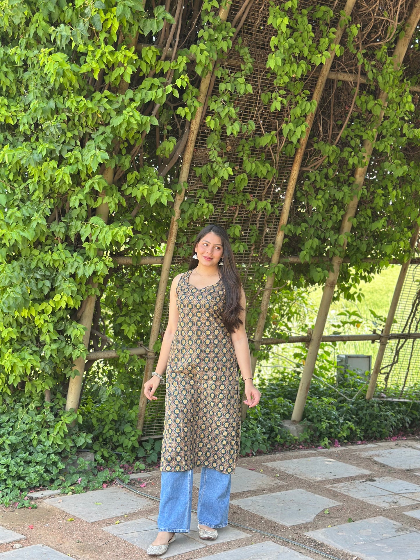 Green Ajrakh booti Straight kameez