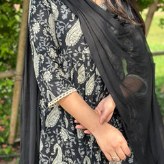 Flory black grey paisley lace Anarkali suit set - Jonaya