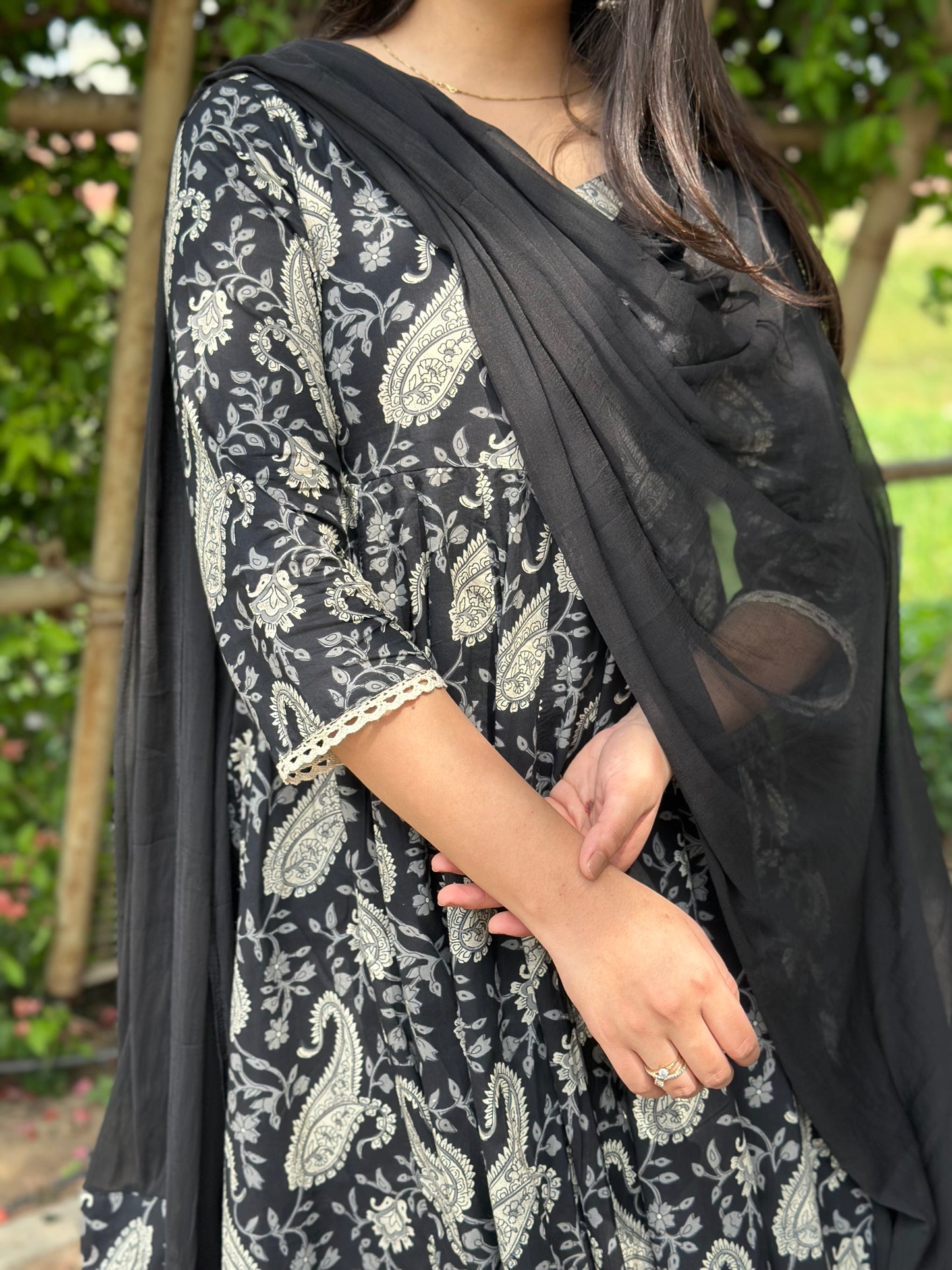 Flory black grey paisley lace Anarkali suit set
