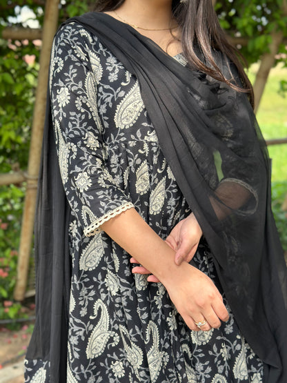 Flory black grey paisley lace Anarkali suit set