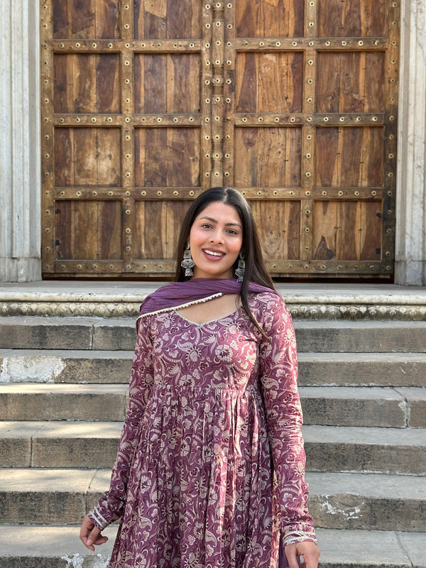 Purple Paisley Cotton Flare Suit Set - Jonaya