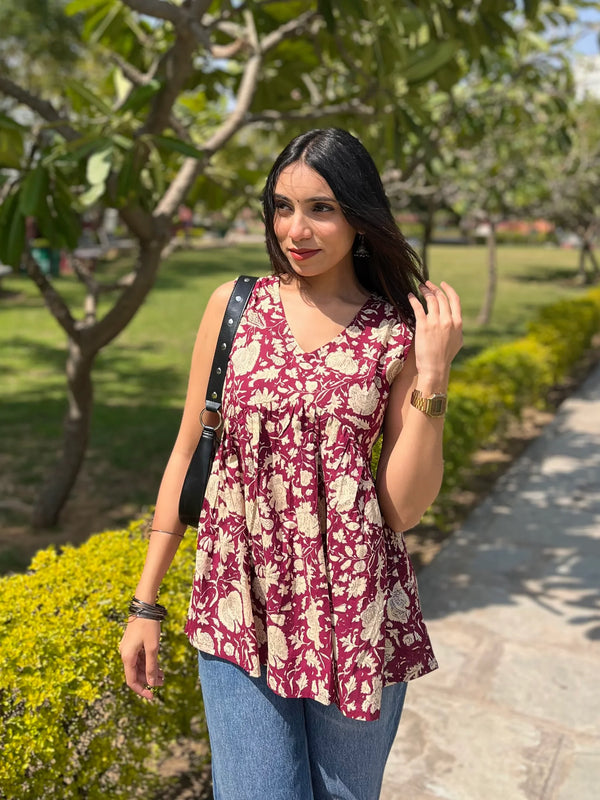 Floral wine peplum top - Jonaya