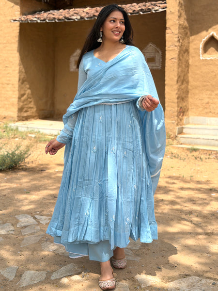 Powder blue white embroidery Anarkali