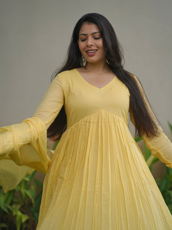 Butter Yellow Mul Cotton Flare Suit Set - Jonaya
