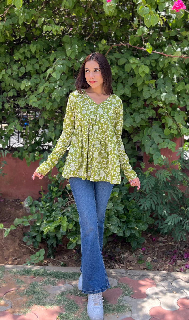 Floral green full sleeves Peplum top - Jonaya