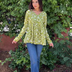 Floral green full sleeves Peplum top - Jonaya