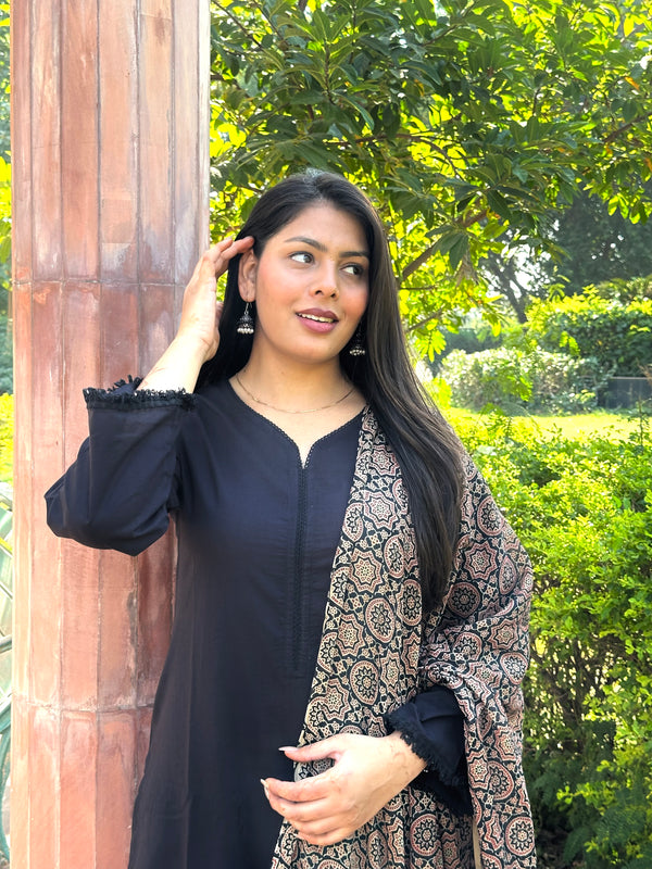 Black Office Solid Ajrakh Straight Suit Set - Jonaya
