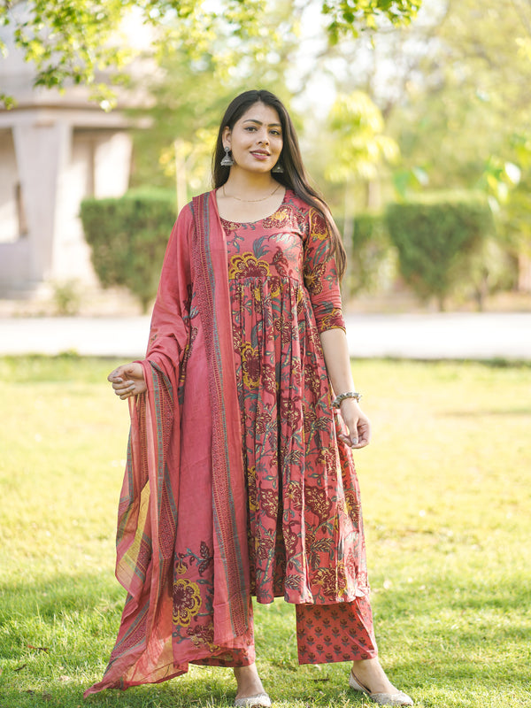 Peach Floral Flare Suit Set - Jonaya