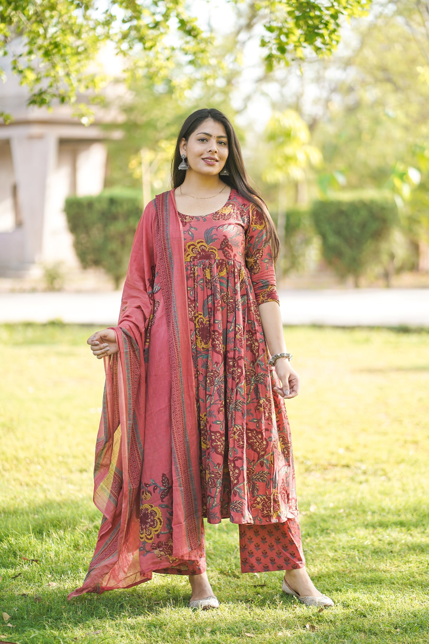 Peach Floral Anarkali suit set