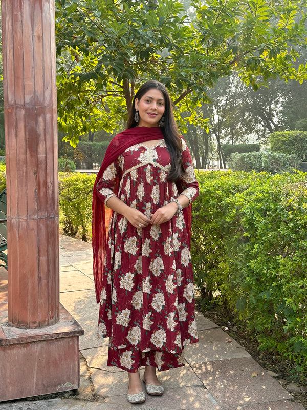 Maroon Beige Bliss Cotton Flare Suit Set - Jonaya