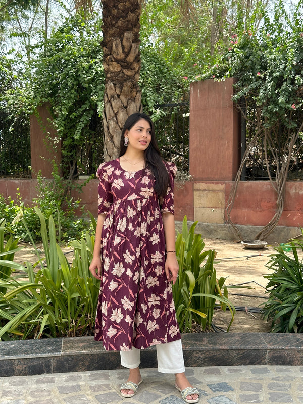 Floral Wine Printed Kameez - Jonaya