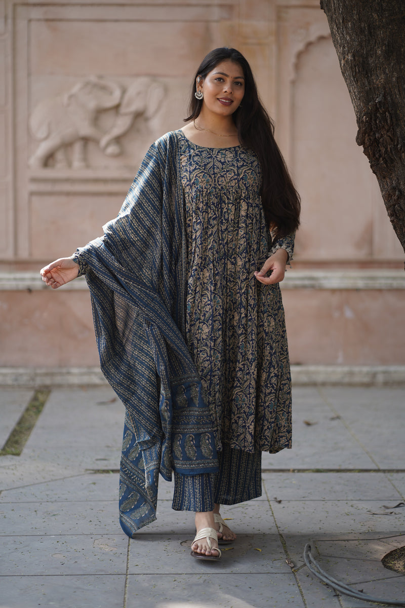 Blue kalamkari anarkali suit set