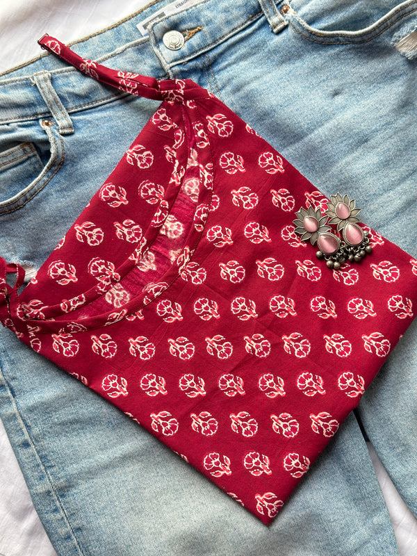 Maroon Booti Strap Kurti - Jonaya