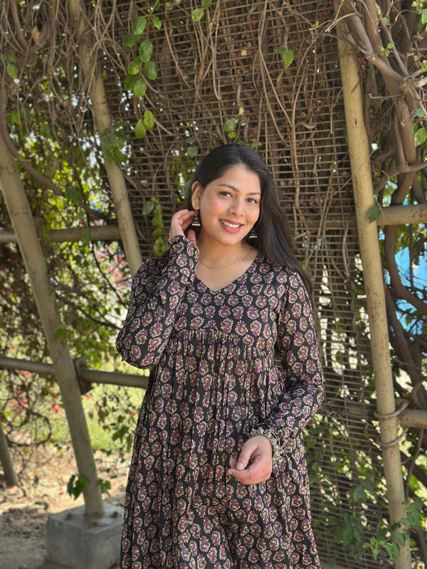 Black Purple High Slit Flared Kameez - Jonaya