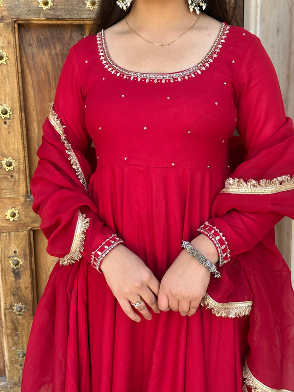 Shagun Laal Lux Anarkali Suit Set - Jonaya