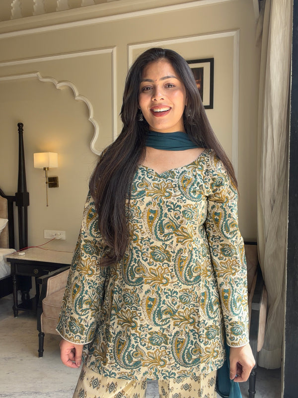 Beige teal garden farshi salwar set Jonaya