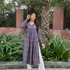 Deep blue high slit Kameez - Jonaya