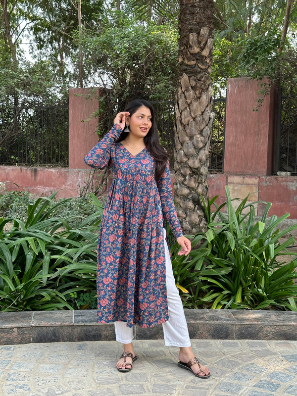 Deep Blue High Slit Flared Kameez - Jonaya