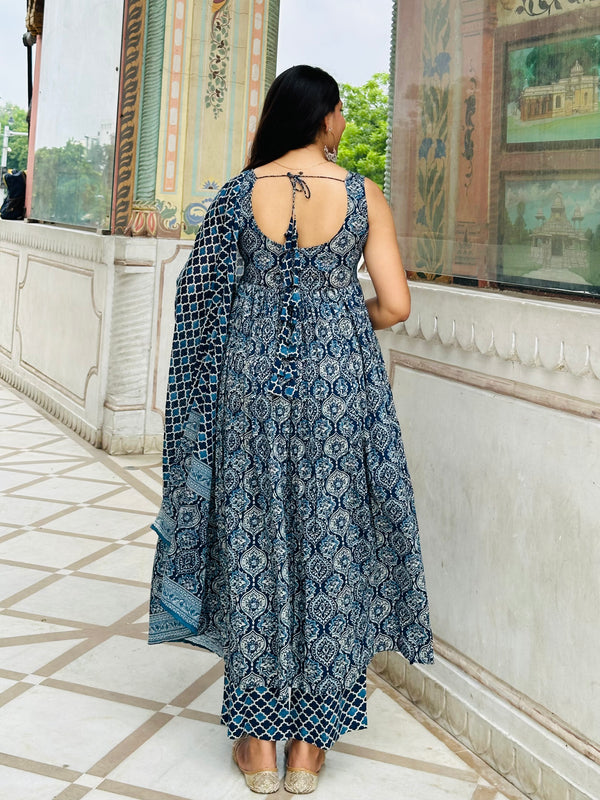 Indigo Ajrakh Flare Suit Set - Jonaya
