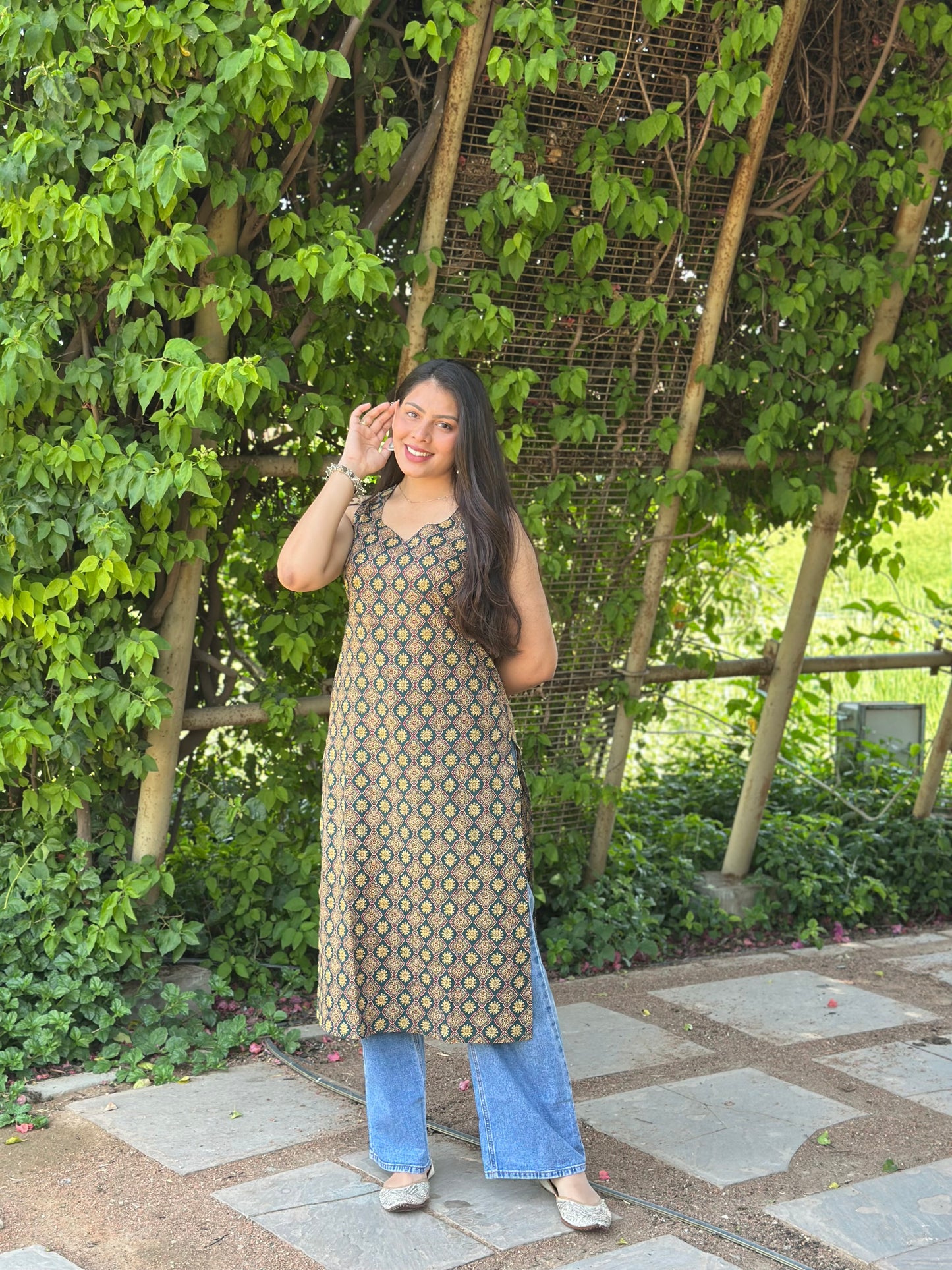 Green Ajrakh booti Straight kameez