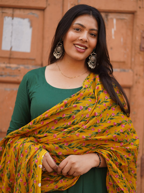 Green Solid Floral Anarkali Suit Set - Jonaya