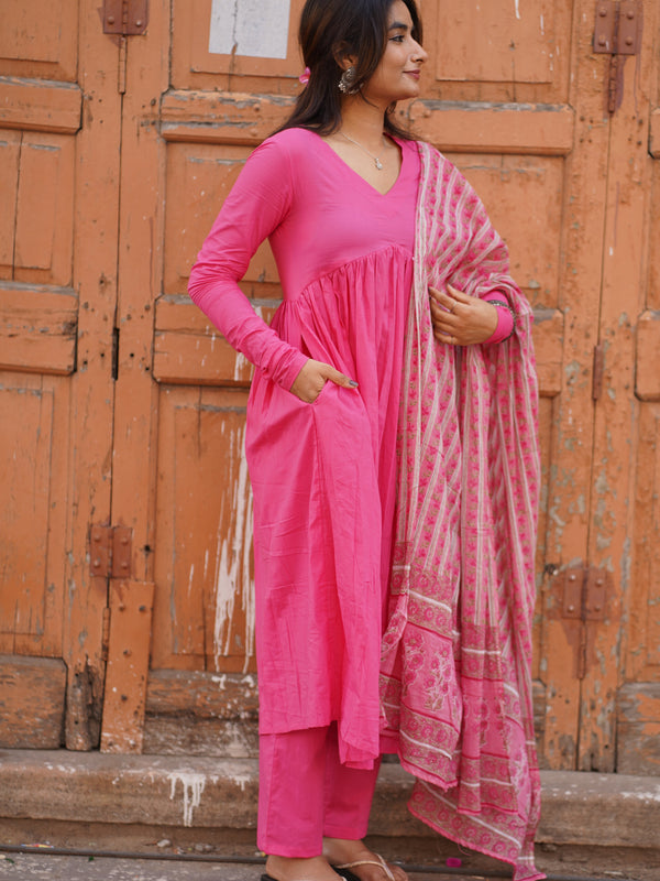 Pink Solid Alia Cut Suit Set - Jonaya