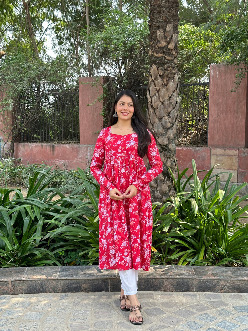Red White floral Anarkali kameez - Jonaya