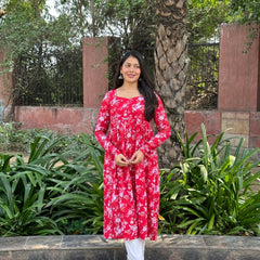 Red White floral Anarkali kameez - Jonaya