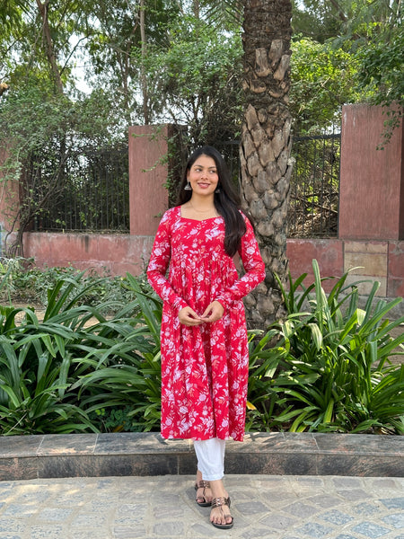 Red White floral Anarkali kameez - Jonaya