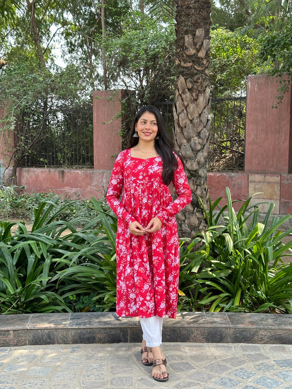 Red White Floral Anarkali Kameez - Jonaya