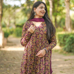 Wine printed floral suit set - Jonaya