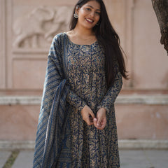 Blue kalamkari anarkali suit set